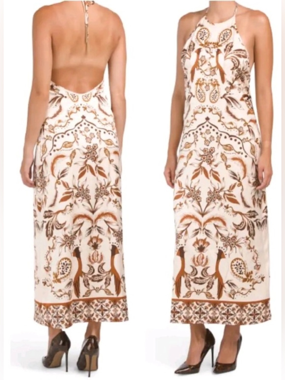 House of Harlow 1960 Satin Halter Maxi Dress Tropical Birds Print Tassels NWOT
